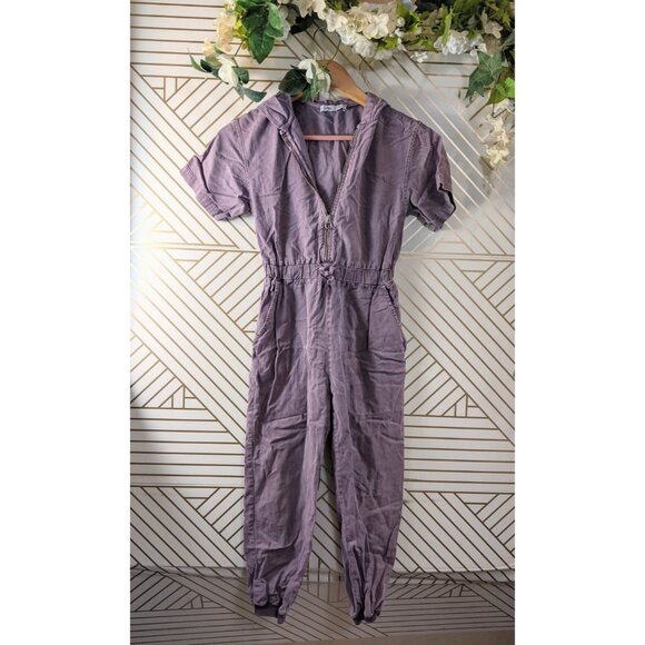 ZARA GIRLS Purple Jumpsuit Short Sleeve Hooded Zip Up Cinch Ankle Size 9 FLAW - Picture 1 of 8